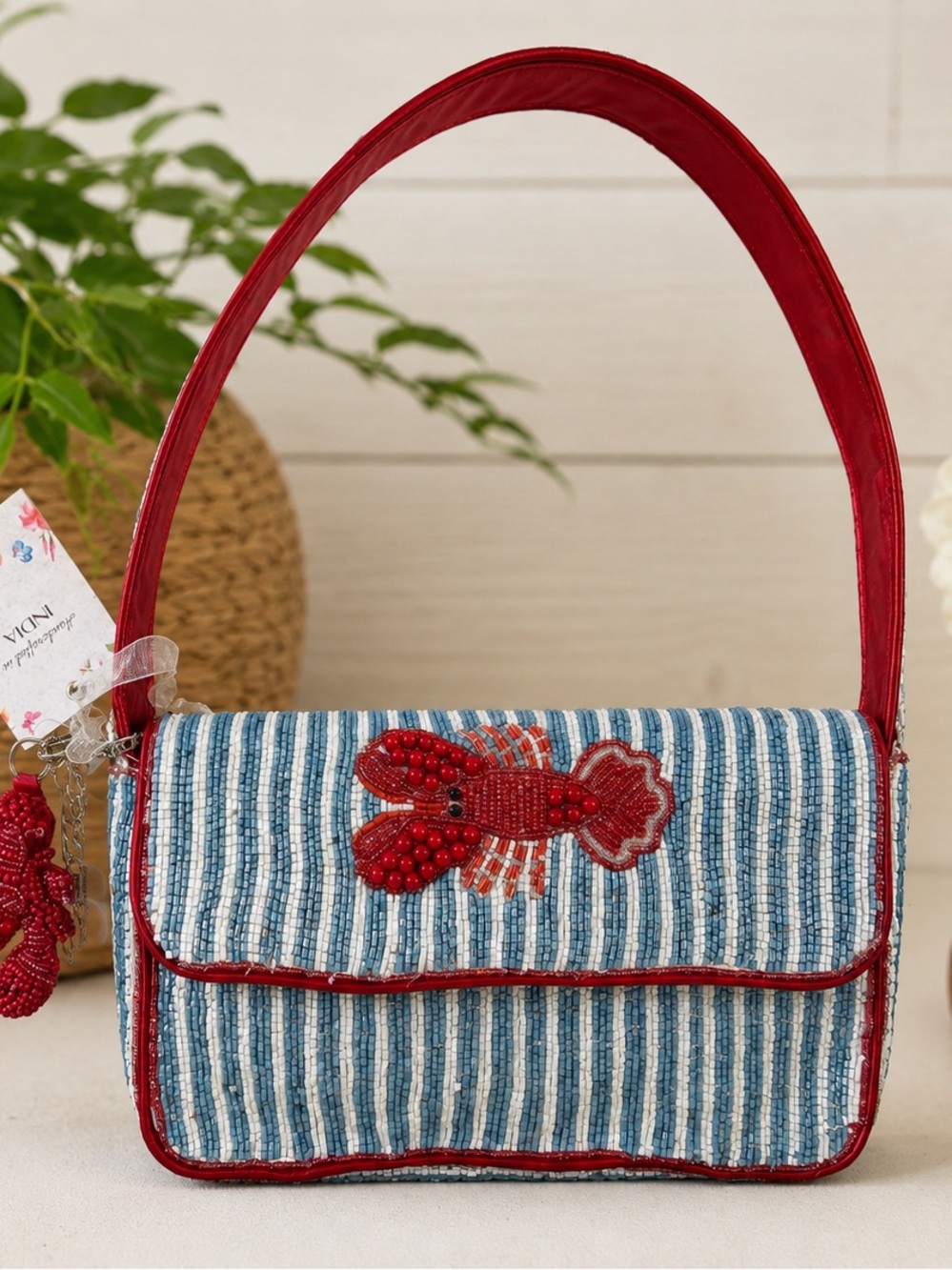 Handcrafted in India beaded lobster shoulder bag blue red coastal nautical